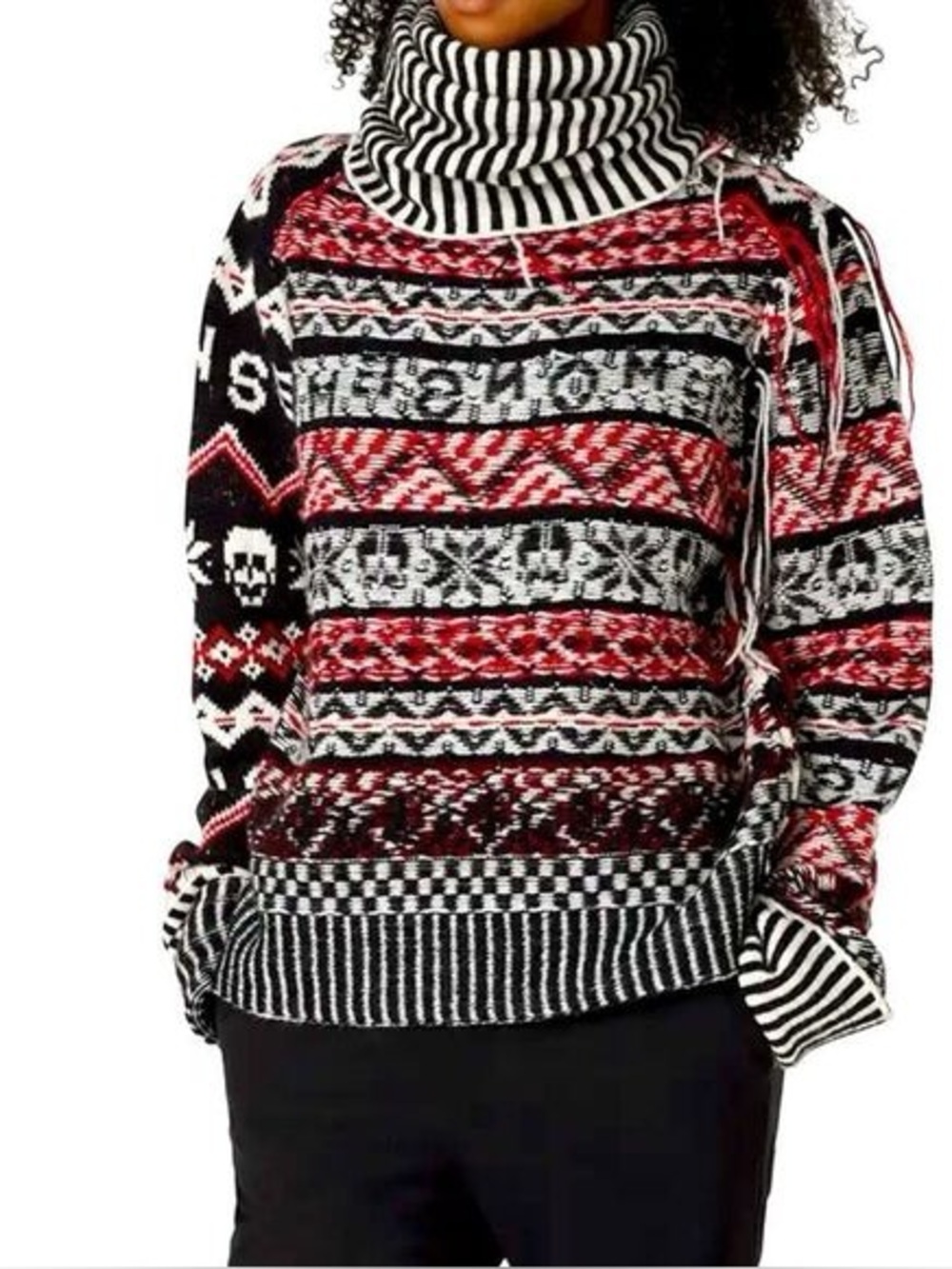 Monse Black Red Cream Fair Isle Turtleneck Cardigan Sweater Logo Knit Size L